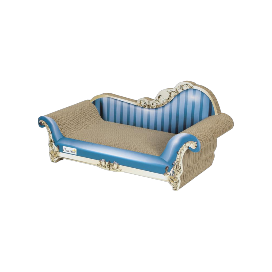 Blue sofa-shaped cardboard cat scratcher bed with striped backrest, curled arms and ornate cream and gold trim