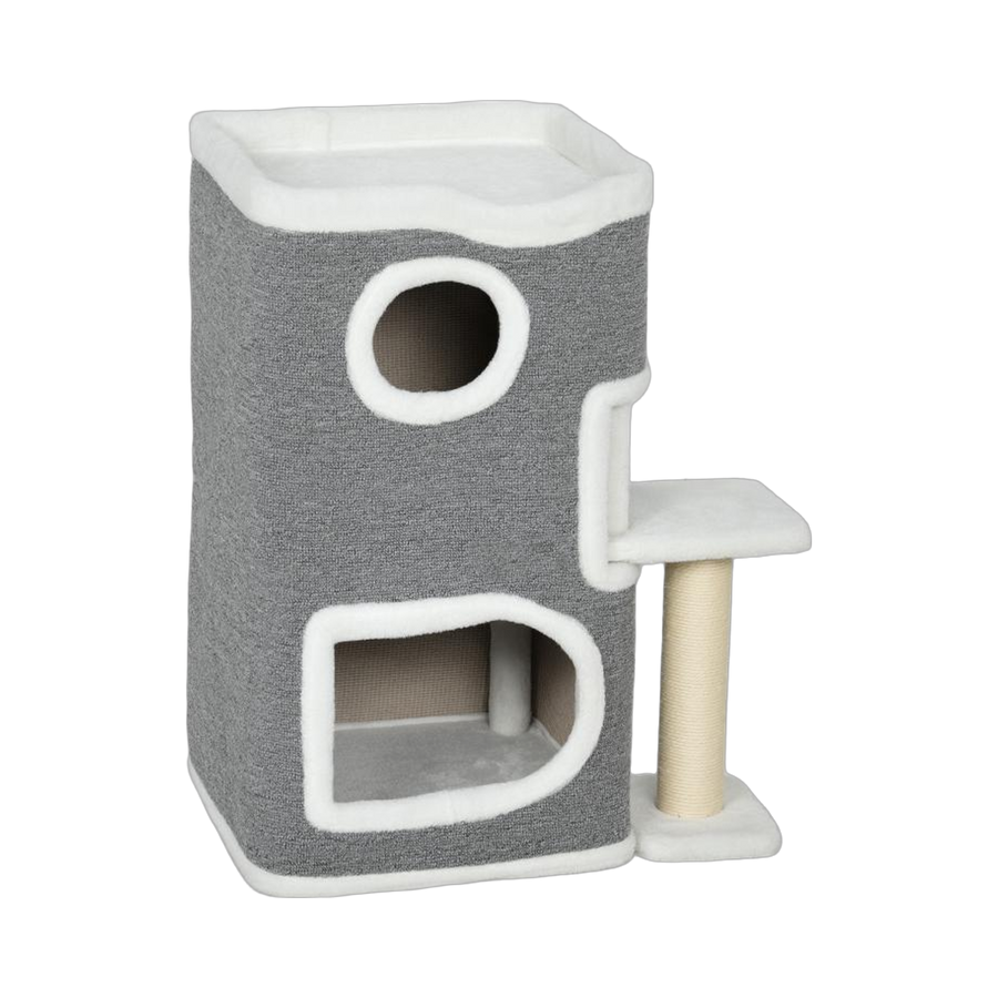 Grey carpeted cat tower with white plush trim, two enclosed houses, a top perch and a side scratching post