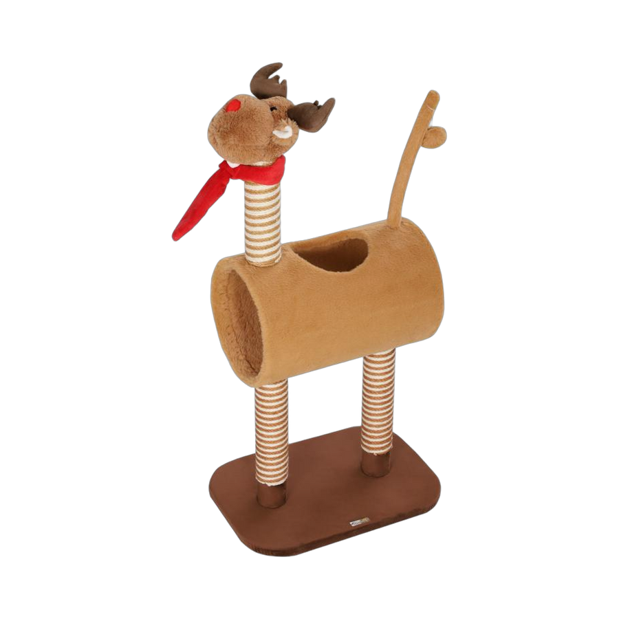 Brown deer-shaped cat tree with plush tunnel body, jute-wrapped scratching posts, antlers, red nose and red scarf