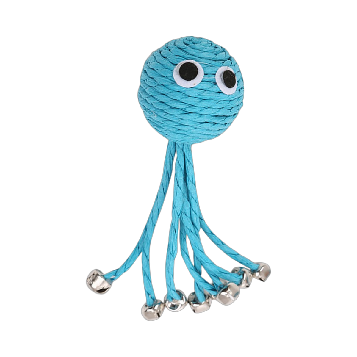 Blue braided paper rope octopus cat toy with round eyes and small silver bells on the ends of its legs