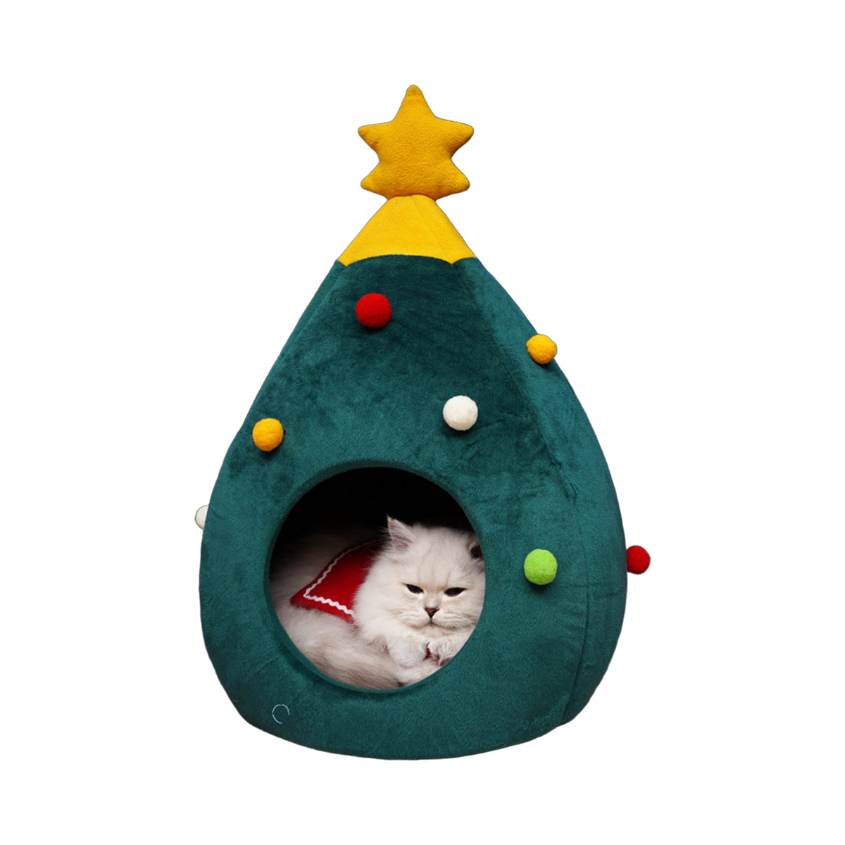Orange-yellow plush pet cave shaped like a Christmas tree, with a green star on top and coloured pom-poms, front view