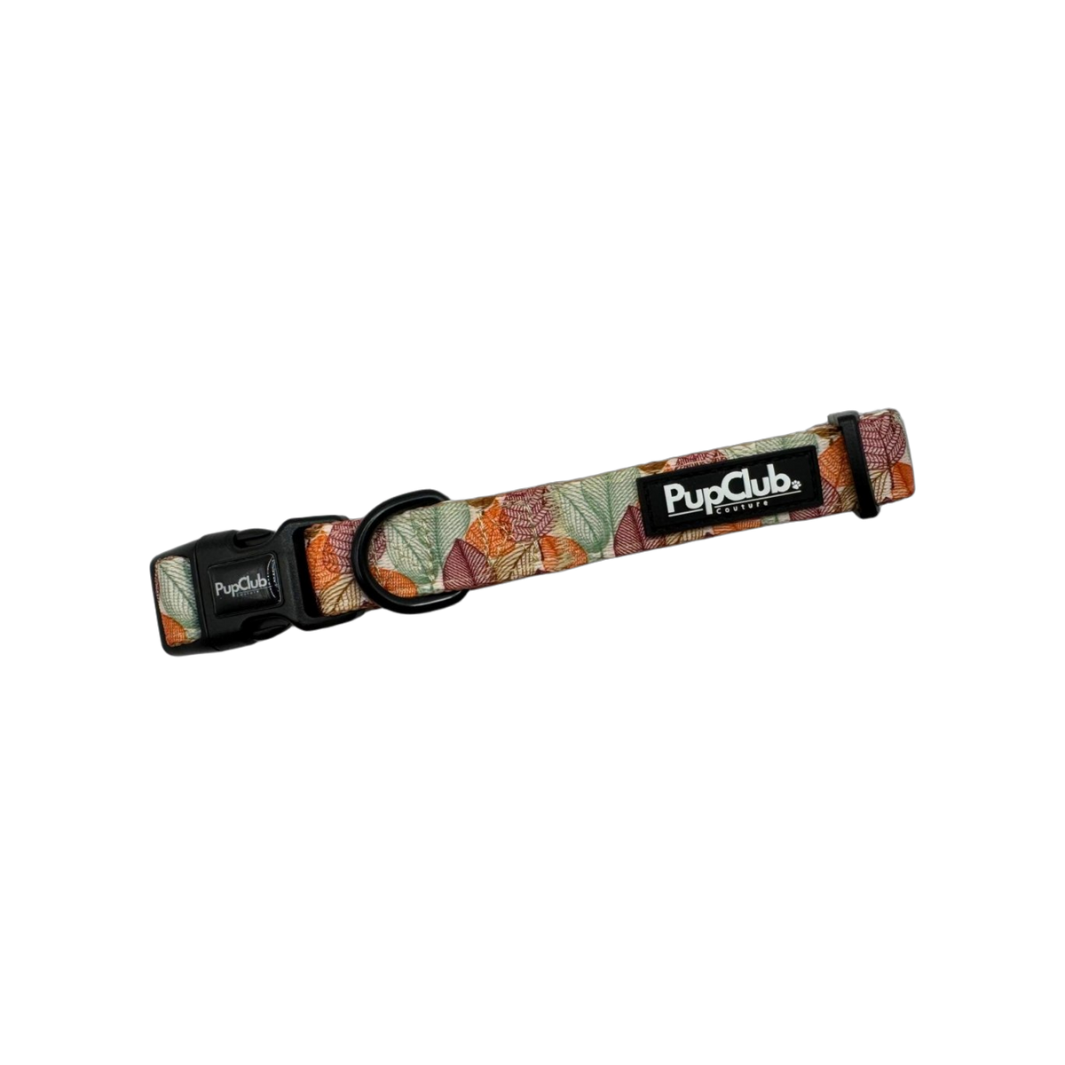 Adjustable dog collar with orange, sage green and burgundy leaf print, black plastic buckle and black D ring
