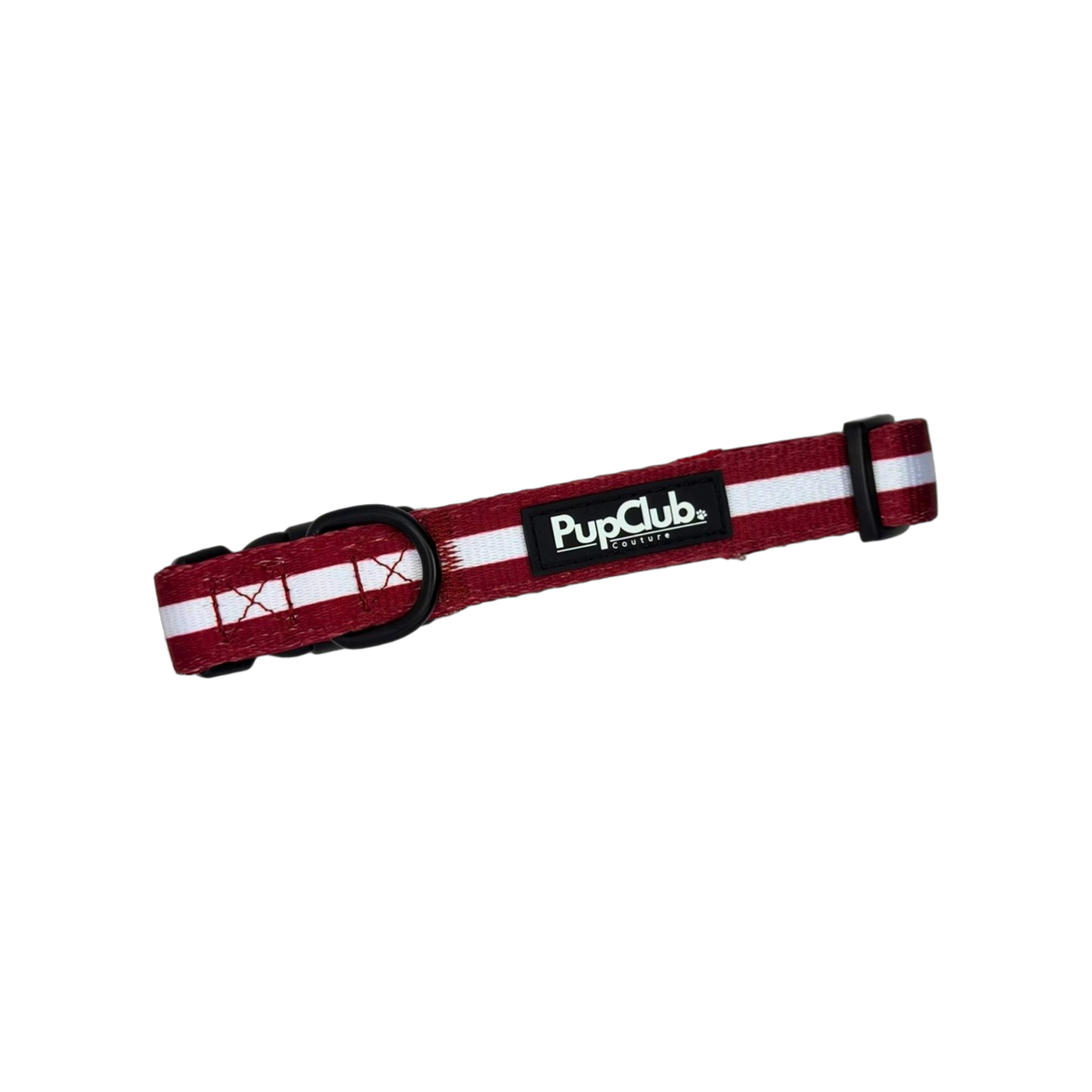 Berry red fabric dog collar with a white centre stripe, black D ring, black buckle and black adjuster