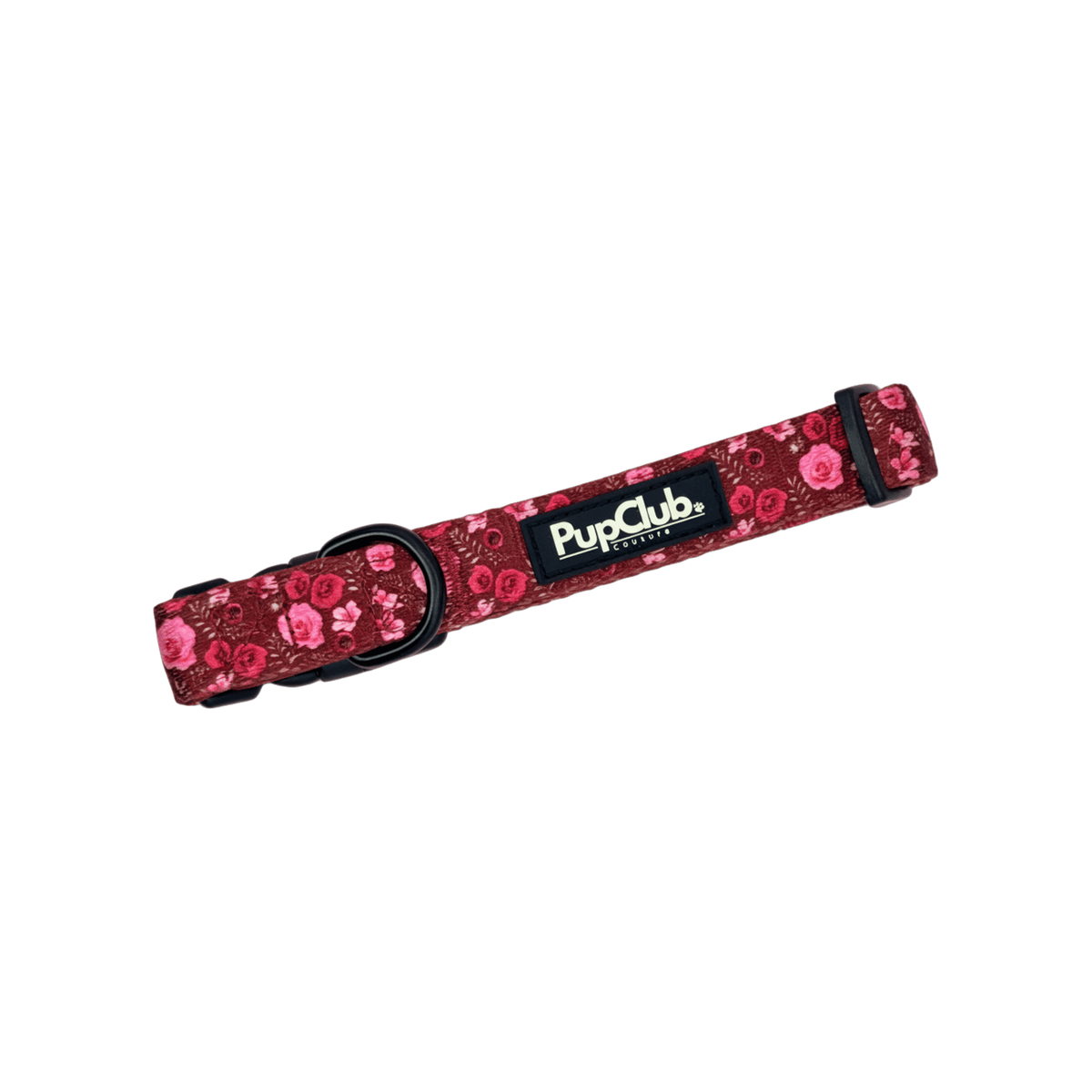Burgundy fabric dog collar with pink and red rose print, black buckle, black D ring and slide adjuster