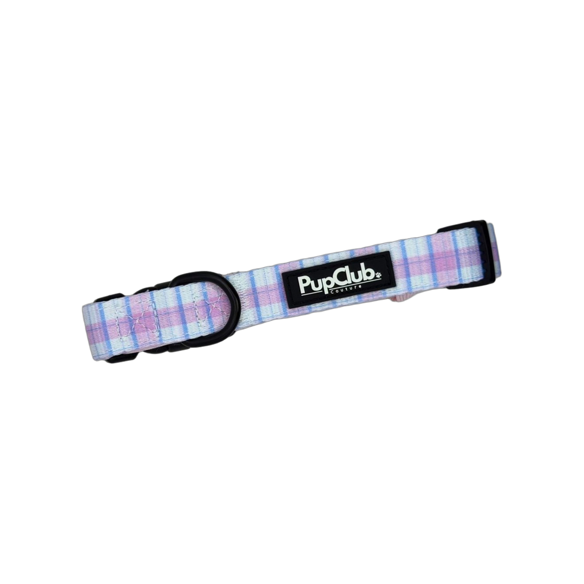 Pink, white and blue tartan dog collar with black plastic clip buckle, adjuster slider and pink keeper loop