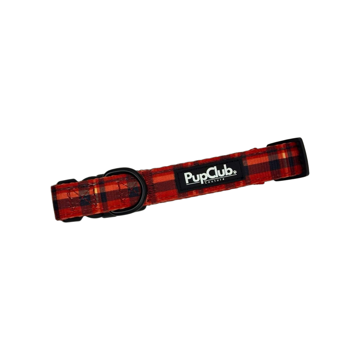 Red tartan dog collar with a black side-release buckle and adjustable slider
