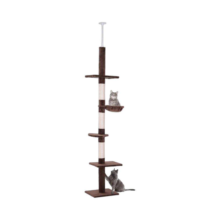 Brown floor-to-ceiling cat tree with plush platforms, a hammock, sisal-wrapped scratching posts and a white ceiling rod