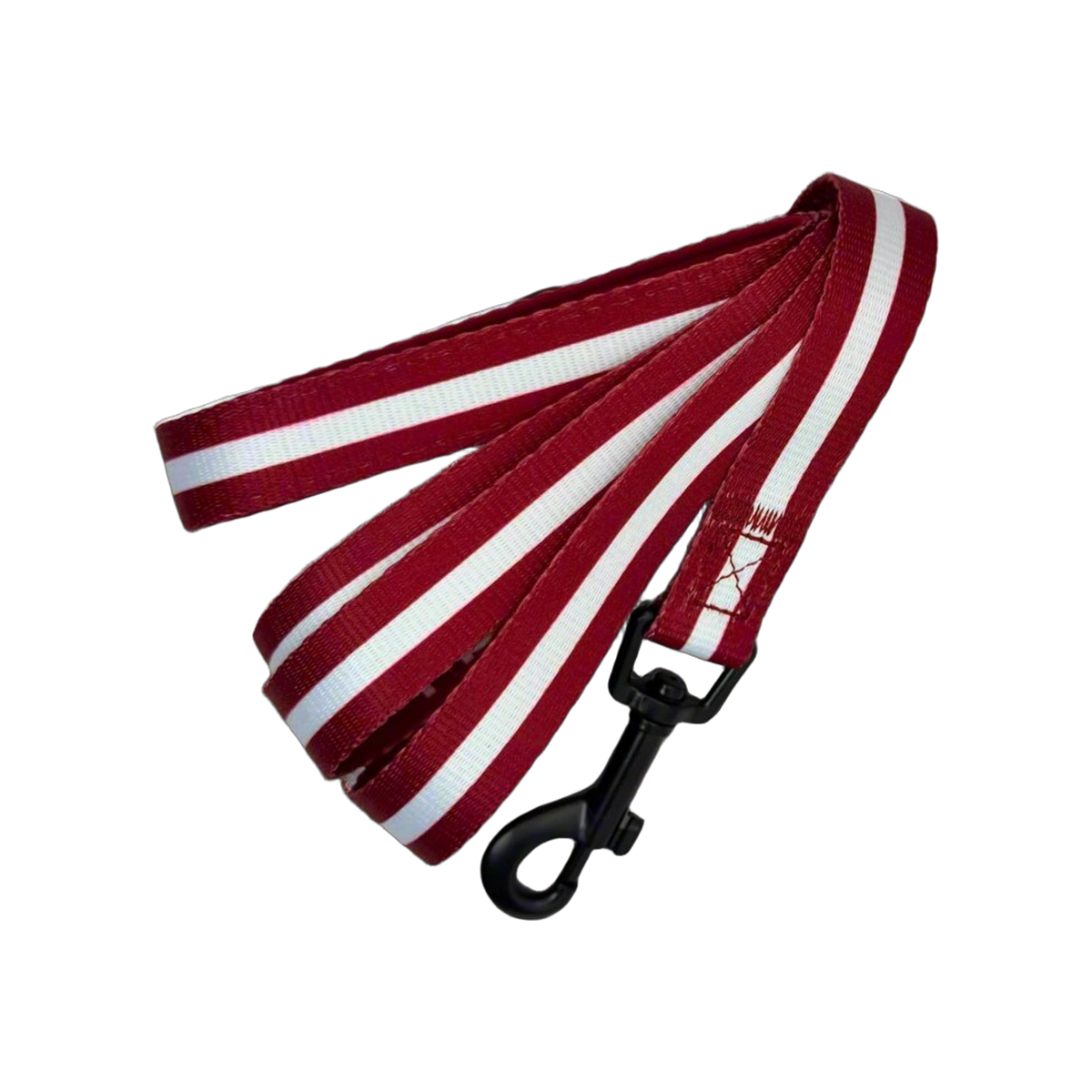 Berry red dog lead with a white centre stripe and black swivel clip, folded in loops