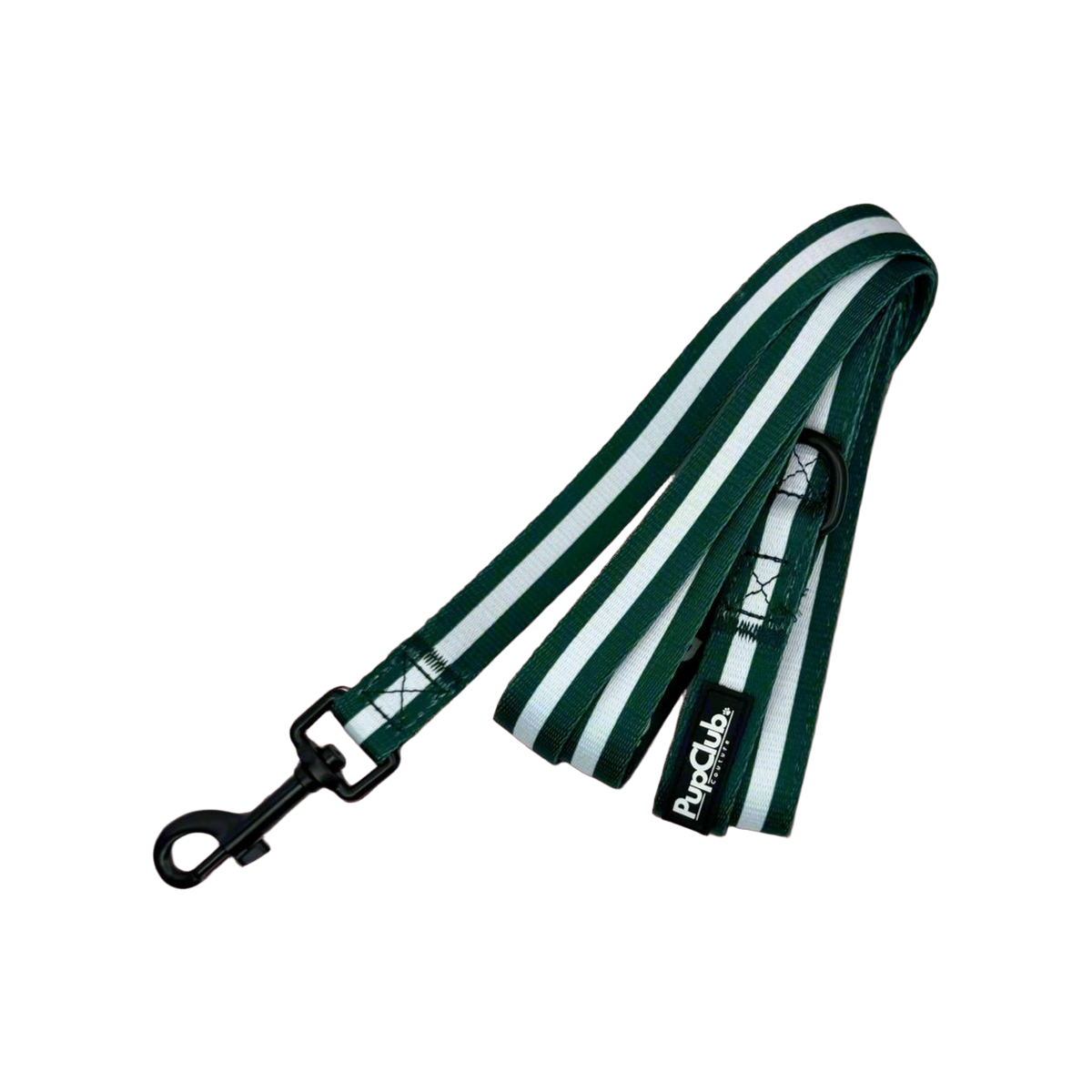 Forest green dog lead with a white centre stripe, black swivel clip, padded handle and D ring near the handle