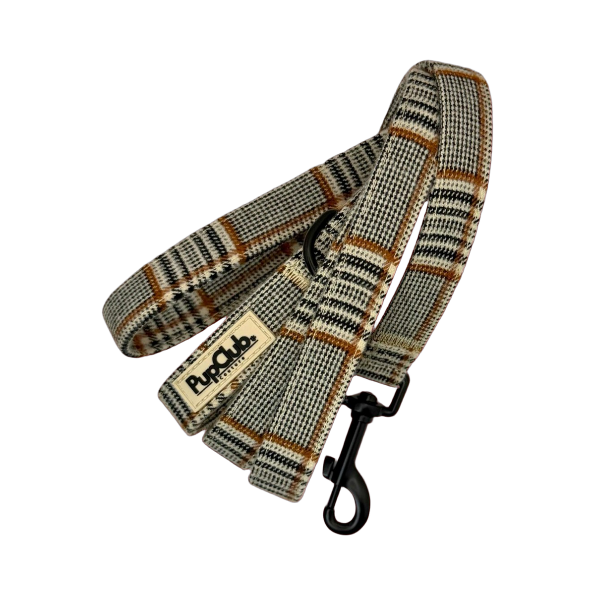 Grey tweed dog lead in a tan, cream and black plaid, with a black swivel clip and a black D ring, coiled