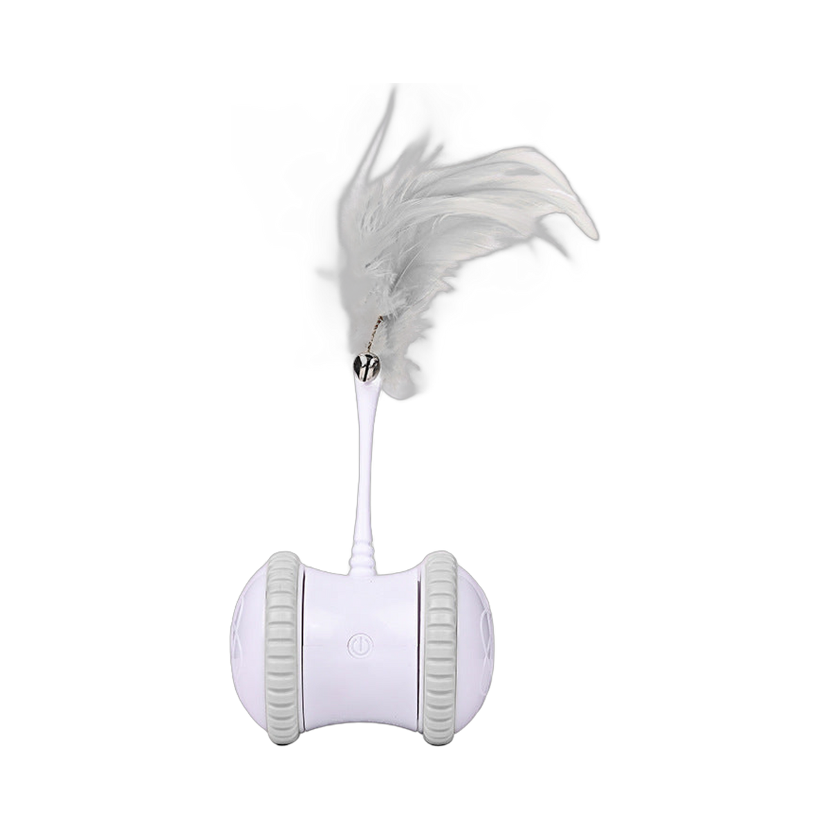 White electric cat toy on two grey wheels, with a power button and a grey feather stick with a small bell
