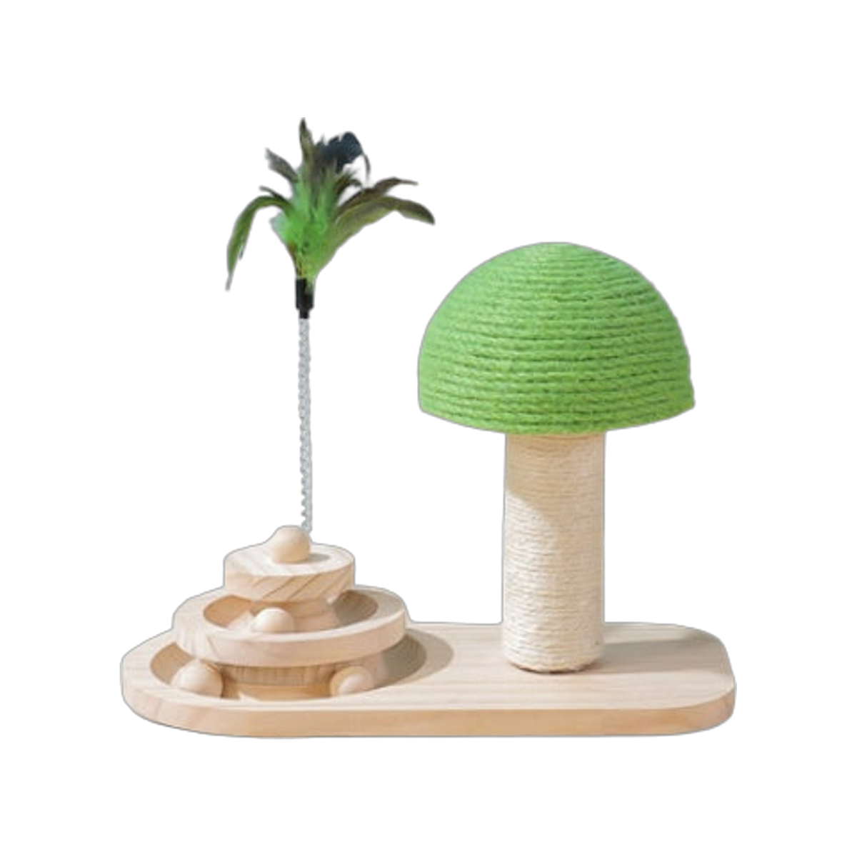 Green sisal mushroom scratching post on a wooden base with a 3-level ball track and a feather toy on a spring