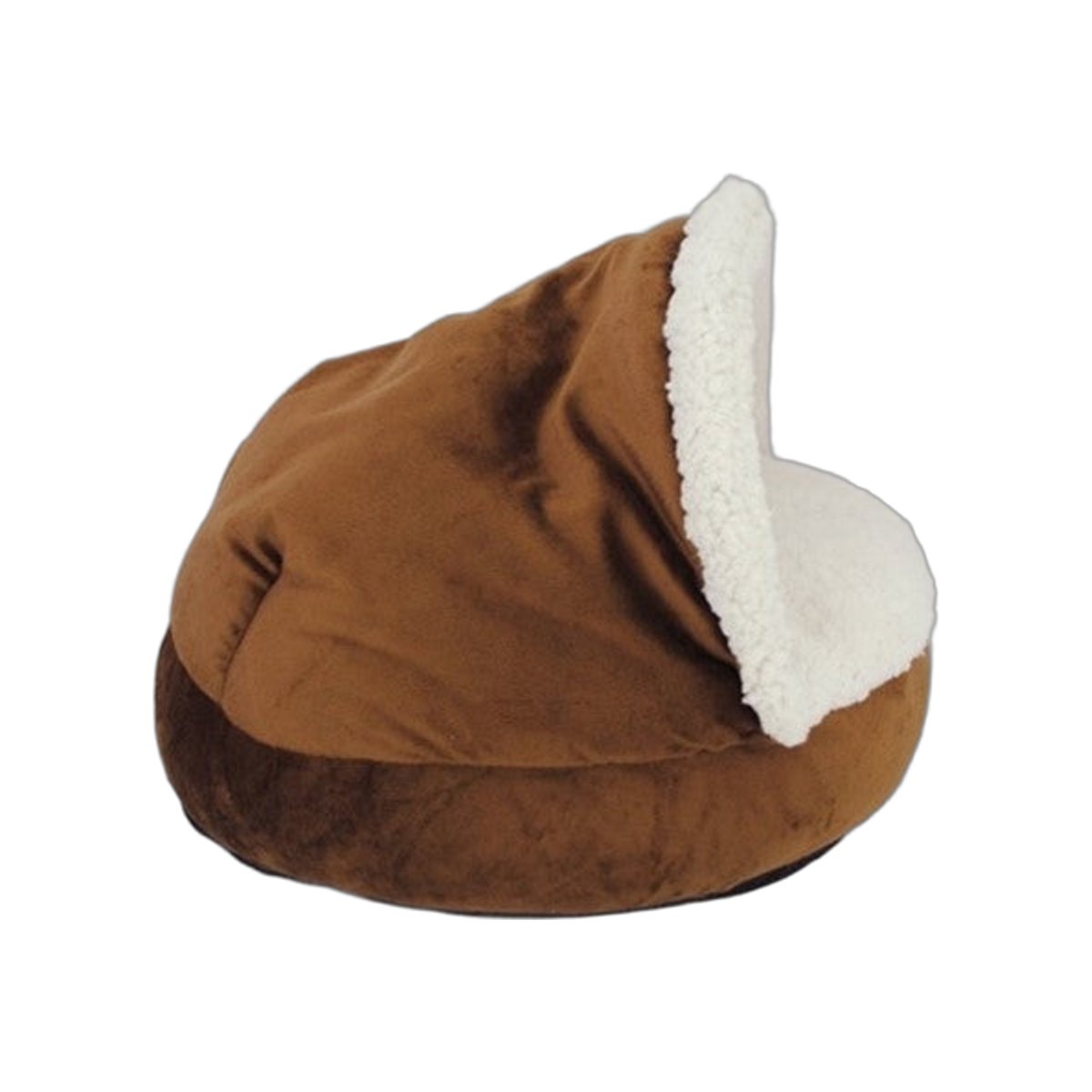 Brown plush round cat bed with a half roof hood and cream fleece lining, side view