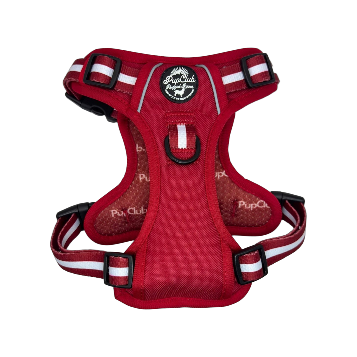 Berry red padded dog harness with red and white striped straps, black buckles, back D-ring and reflective trim