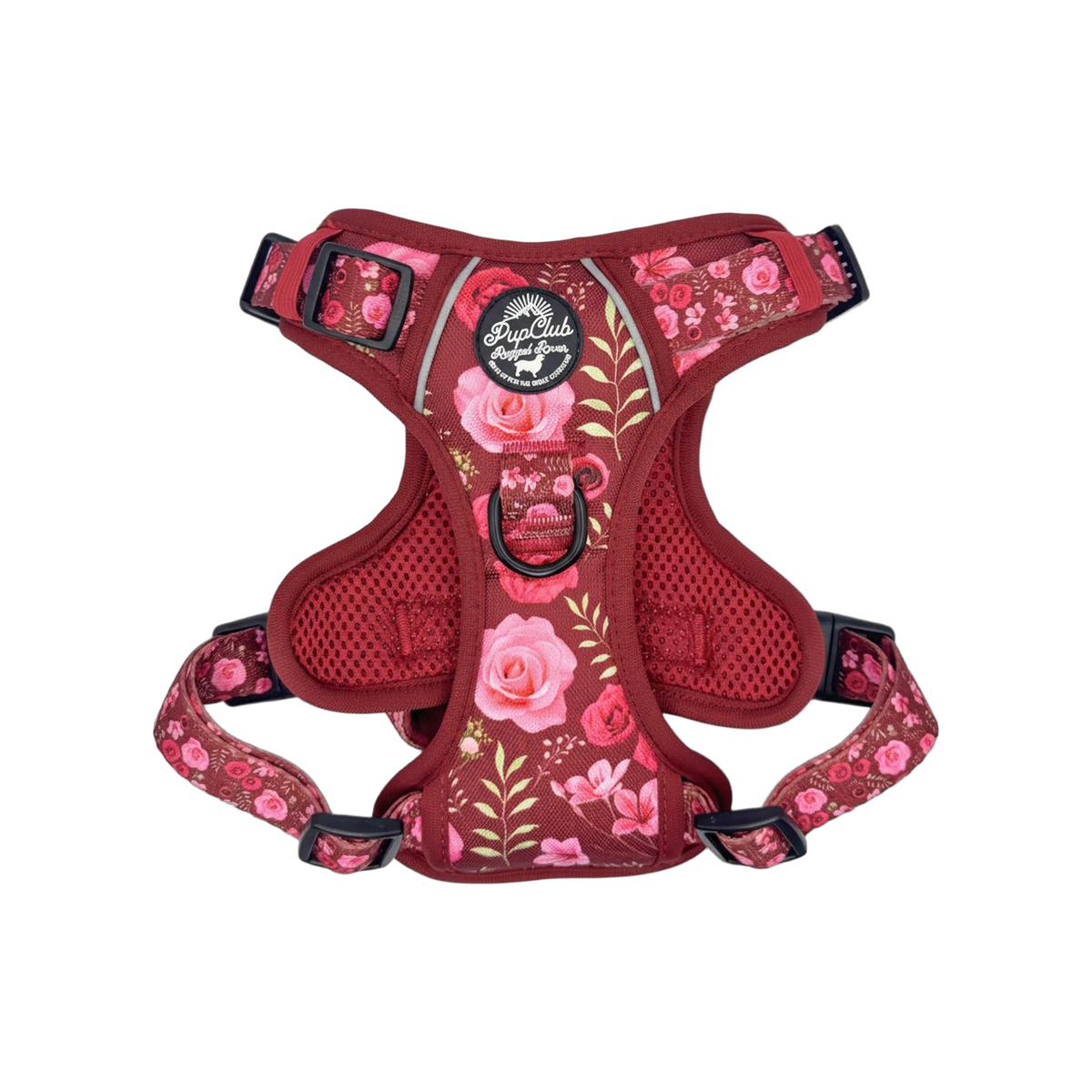 Burgundy dog harness with pink rose print, mesh padding, reflective strips, back D-ring and black buckles