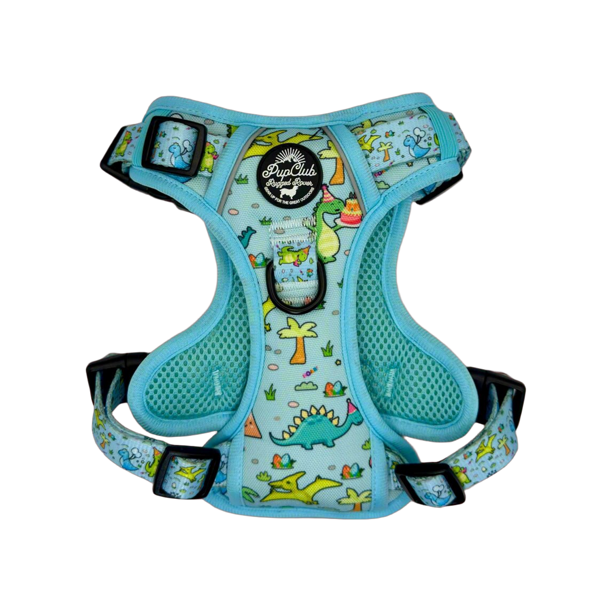 Light blue padded dog harness with party dinosaur print, mesh lining, black buckles and a back D-ring, top view
