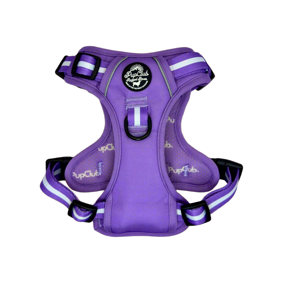 Lilac purple padded dog harness with white-striped straps, black buckles, reflective piping and back D-ring, top view