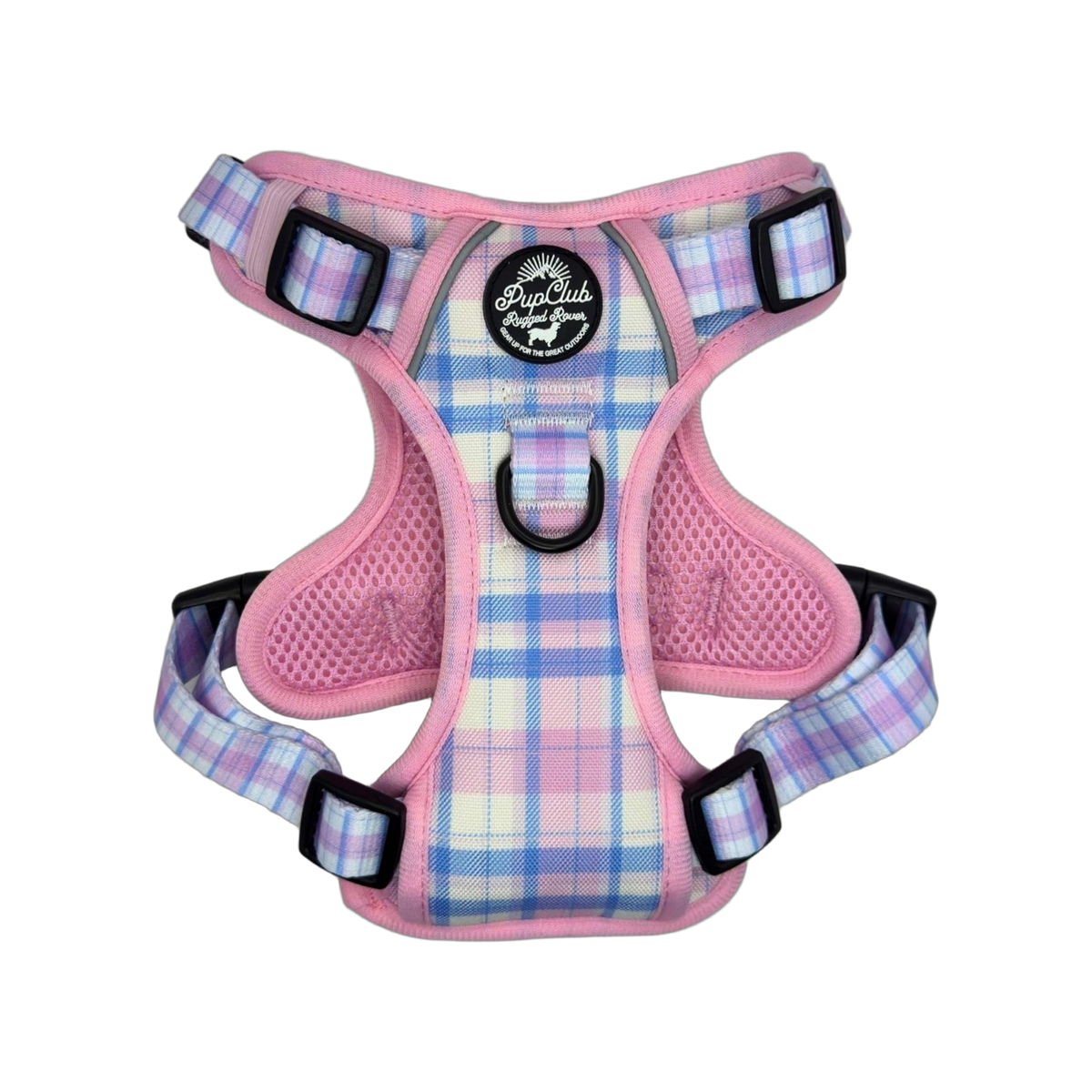 Pink and blue tartan dog harness with pink mesh panels, black back D-ring, adjustable straps and reflective trim