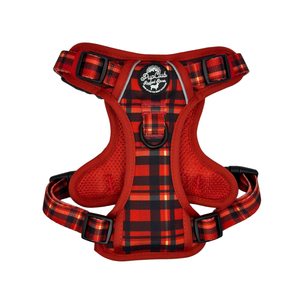 Red tartan padded dog harness with black buckles, back D-ring, red mesh lining and reflective trim, top view
