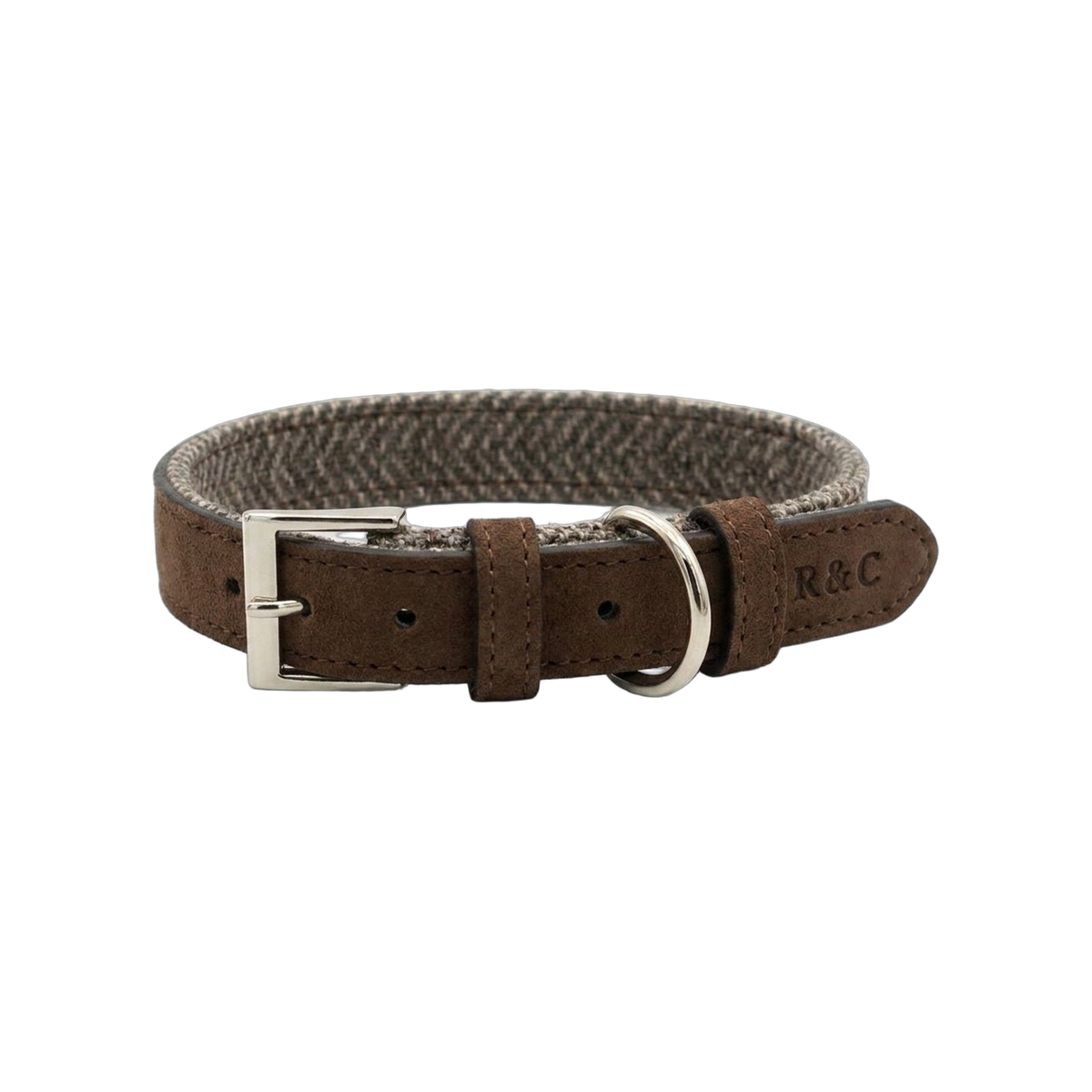 Brown herringbone tweed dog collar with brown suede leather trim, silver metal buckle and D-ring
